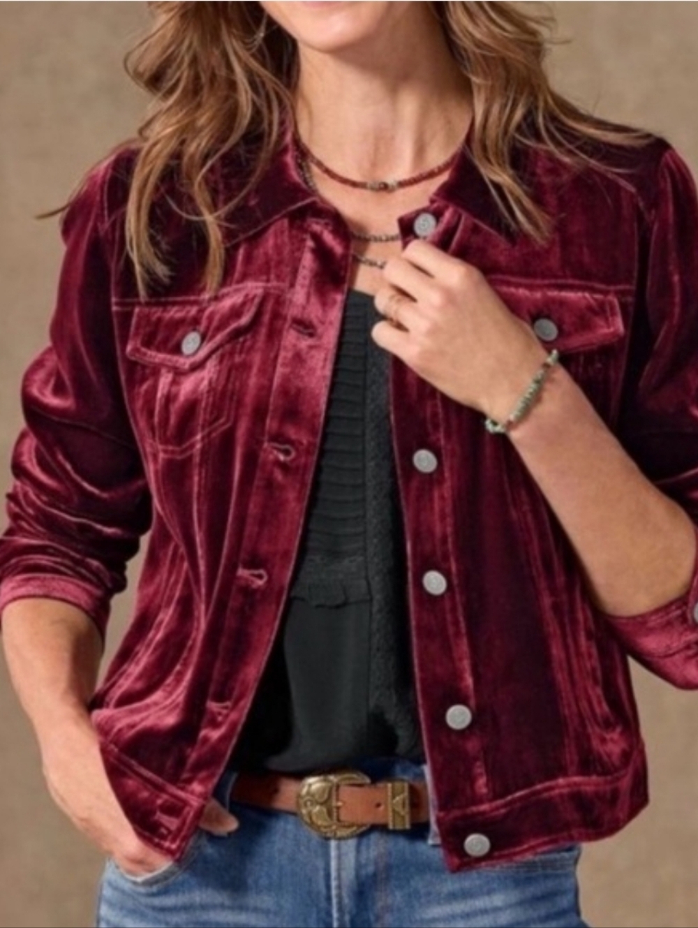 Sundance Wine Color Velvet/Silk Blend Button-Front Trucker Jacket Large Western - Picture 2 of 13
